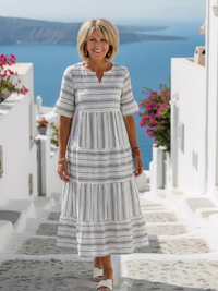 Marilyn | Short Sleeve Striped Tiered Midi Dress