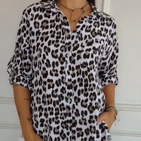 Melanie | Leopard Print Collared Blouse with Roll-Tab Sleeves