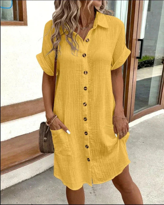 Melissa | Button-Up Cotton Linen Shirt Dress with Pockets