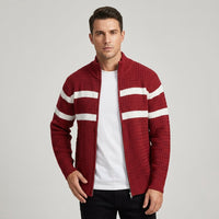 Men's Cable Knit Full-Zip Cardigan with Stand Collar and Stripes