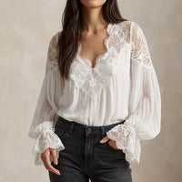 Michelle | Lace V-Neck Blouse with Ruffle Sleeves