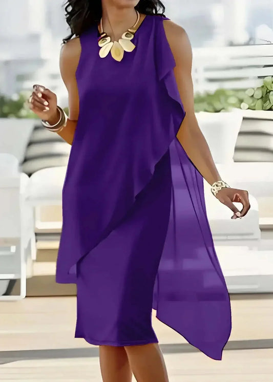 Michelle | Sleeveless Asymmetric Midi Dress with Chiffon Overlay