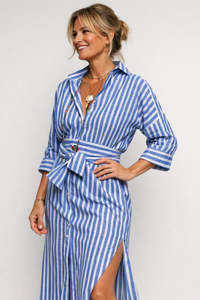 Michelle | Striped Shirt Dress with Tie Belt and Side Slit