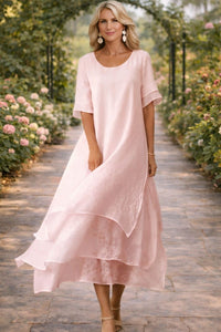 Michelle | Tiered Linen Midi Dress with Short Sleeves