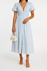 Nancy | Elegant V-Neck Dress with Button Front and Puff Sleeves