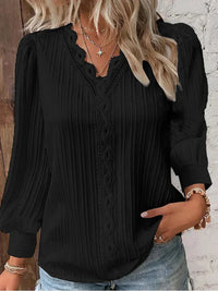 Nancy | Lace Trim V-Neck Puff Sleeve Blouse