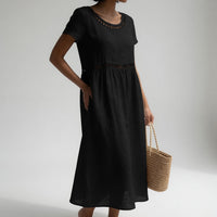 Nancy | Linen Midi Dress with Crochet Cutout Trim and Short Sleeves