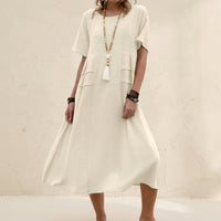 Nancy | Short Sleeve Linen Midi Dress with Pockets