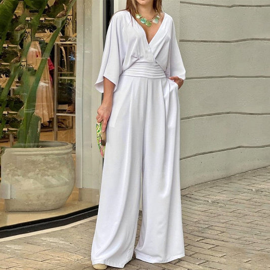 Nicole | Wide Leg Jumpsuit With V Neck Wrap And Three Quarter Sleeves