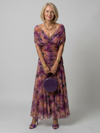 Renee | Floral Midi Dress with Draped Off Shoulder Neckline