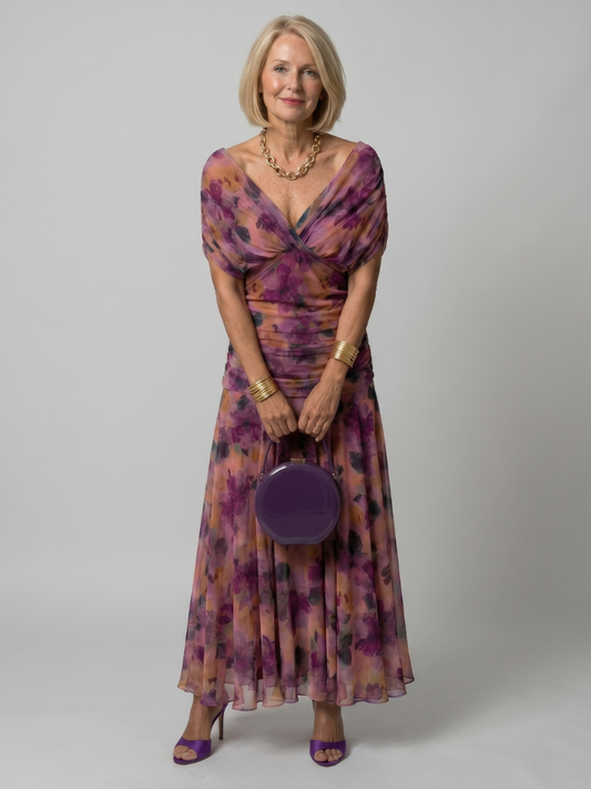 Renee | Floral Midi Dress with Draped Off Shoulder Neckline