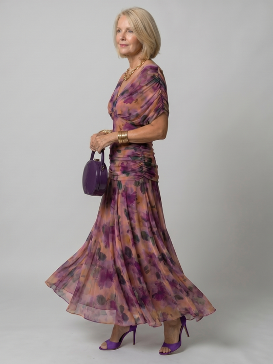 Renee | Floral Midi Dress with Draped Off Shoulder Neckline