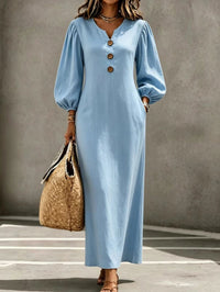 Rita | Puff Sleeve V-Neck Button Front Maxi Dress