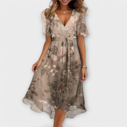 Robin | Floral Wrap Midi Dress with Flutter Sleeves