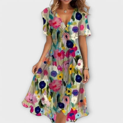 Robin | Floral Wrap Midi Dress with Flutter Sleeves
