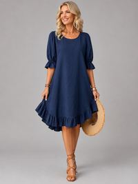 Ruth | Ruffle Hem Midi Dress with Puff Sleeves