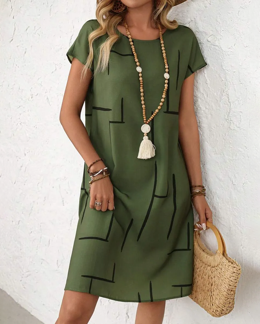 Ruth | Short Sleeve Printed Midi Dress with Round Neckline