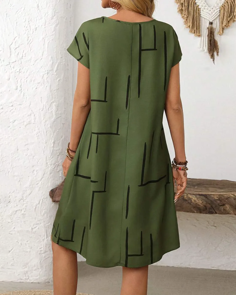 Ruth | Short Sleeve Printed Midi Dress with Round Neckline