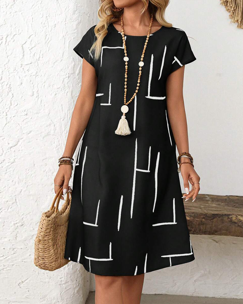 Ruth | Short Sleeve Printed Midi Dress with Round Neckline