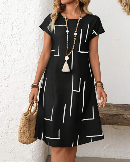 Ruth | Short Sleeve Printed Midi Dress with Round Neckline