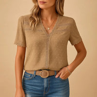 Sandra | V-Neck Lace-Trim Swiss Dot Blouse