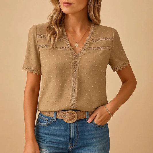 Sandra | V-Neck Lace-Trim Swiss Dot Blouse