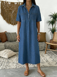 Sandy | Denim Midi Dress with Polo Collar and Chest Pockets
