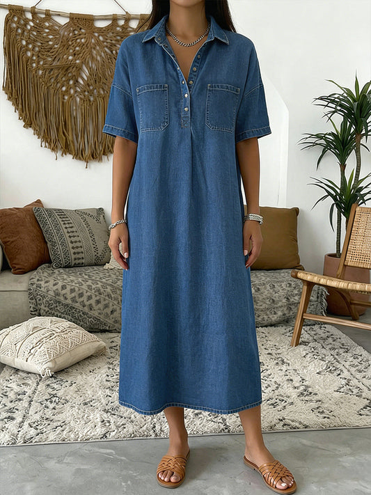 Sandy | Denim Midi Dress with Polo Collar and Chest Pockets