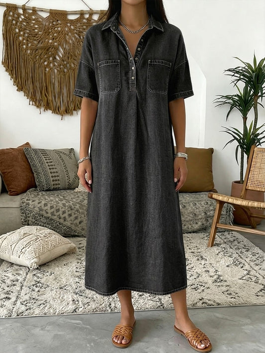 Sandy | Denim Midi Dress with Polo Collar and Chest Pockets