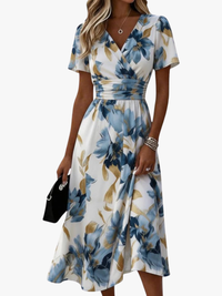 Sarah | Floral Print Wrap Midi Dress With Short Sleeves