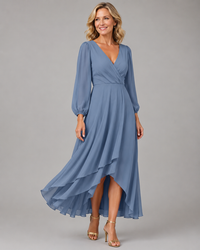 Sarah | V-Neck Long Sleeve Wrap Maxi Dress with High Low Hem