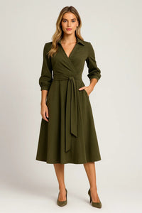 Sharon | Business Casual Wrap Midi Dress With Belt