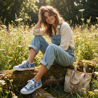 Sharon | Floral Embroidered Denim Sneakers With Frayed Edges