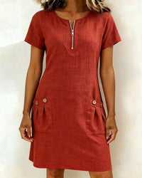 Sharon | Linen Zip Front A-Line Dress With Pockets