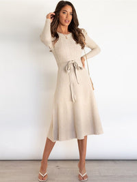 Shirley | Ribbed Knit Sweater Midi Dress with Tie Belt