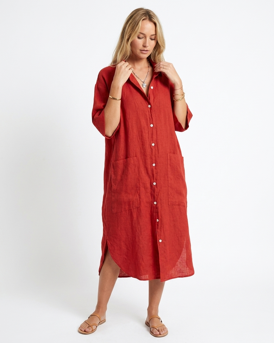 Stephanie | Relaxed Linen Midi Shirt Dress