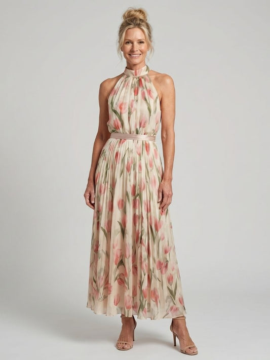 Susan | Floral Halter Neck Pleated Midi Dress