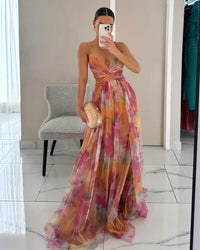 Tammy | Floral Print Maxi Dress With Sheer Overlay And Side Slit