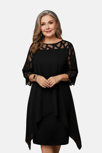 Tammy | Mesh Sleeve Cocktail Midi Dress with Asymmetric Hem