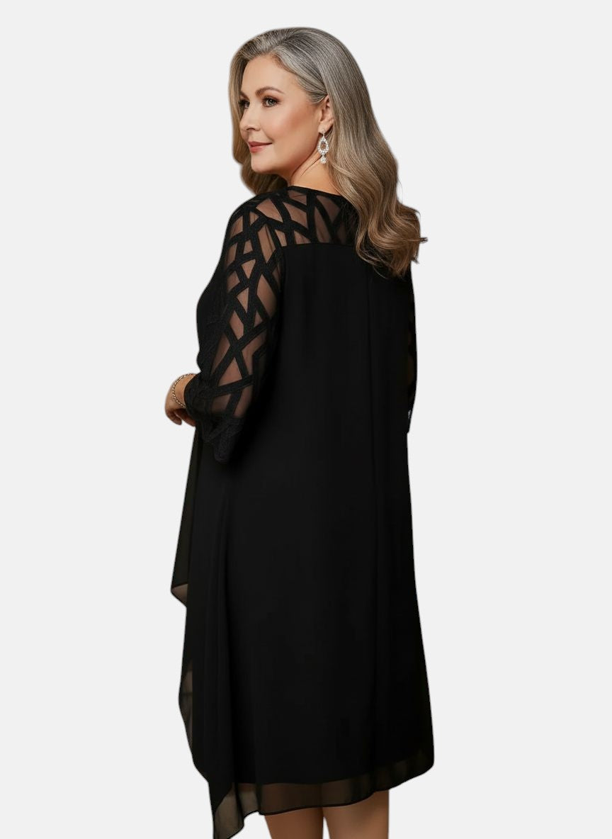 Tammy | Mesh Sleeve Cocktail Midi Dress with Asymmetric Hem