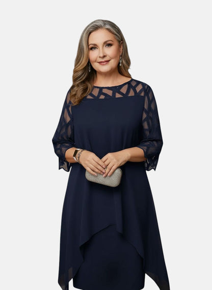 Tammy | Mesh Sleeve Cocktail Midi Dress with Asymmetric Hem