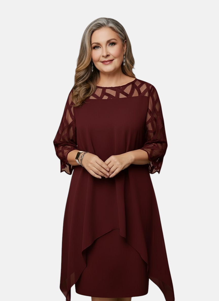 Tammy | Mesh Sleeve Cocktail Midi Dress with Asymmetric Hem