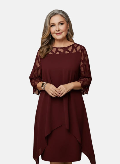Tammy | Mesh Sleeve Cocktail Midi Dress with Asymmetric Hem