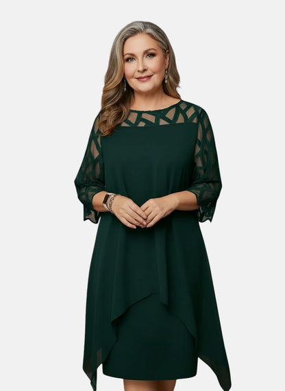 Tammy | Mesh Sleeve Cocktail Midi Dress with Asymmetric Hem