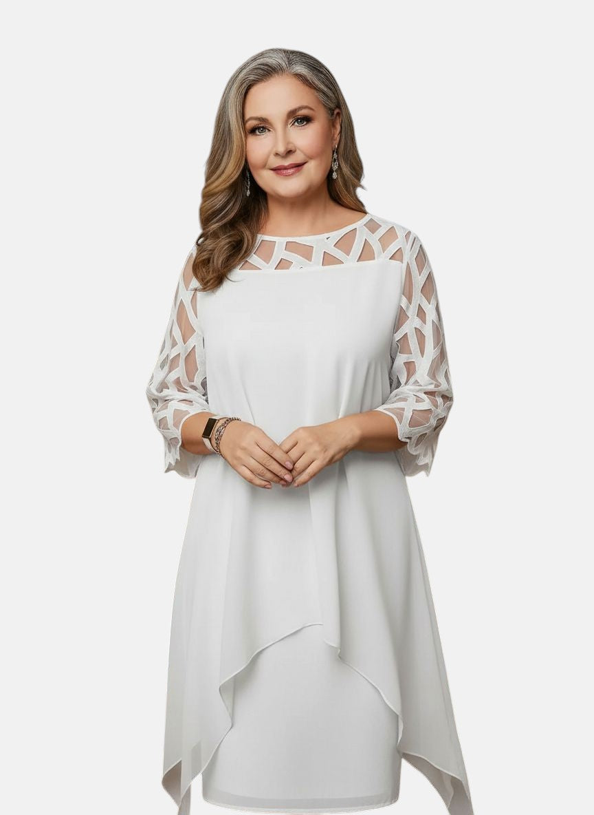 Tammy | Mesh Sleeve Cocktail Midi Dress with Asymmetric Hem