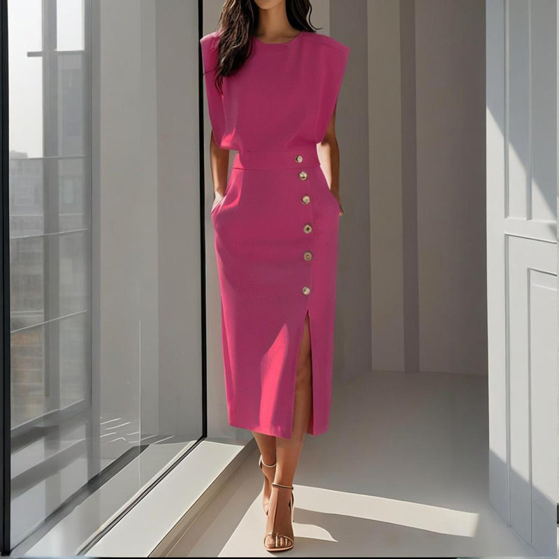 Tammy | Sleeveless Tailored Button Split Midi Dress