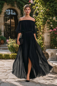 Valerie | Off-Shoulder Pleated Maxi Dress with Front Slit