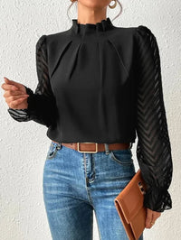 Valerie | Pleated Mock Neck Blouse With Lace Sleeves