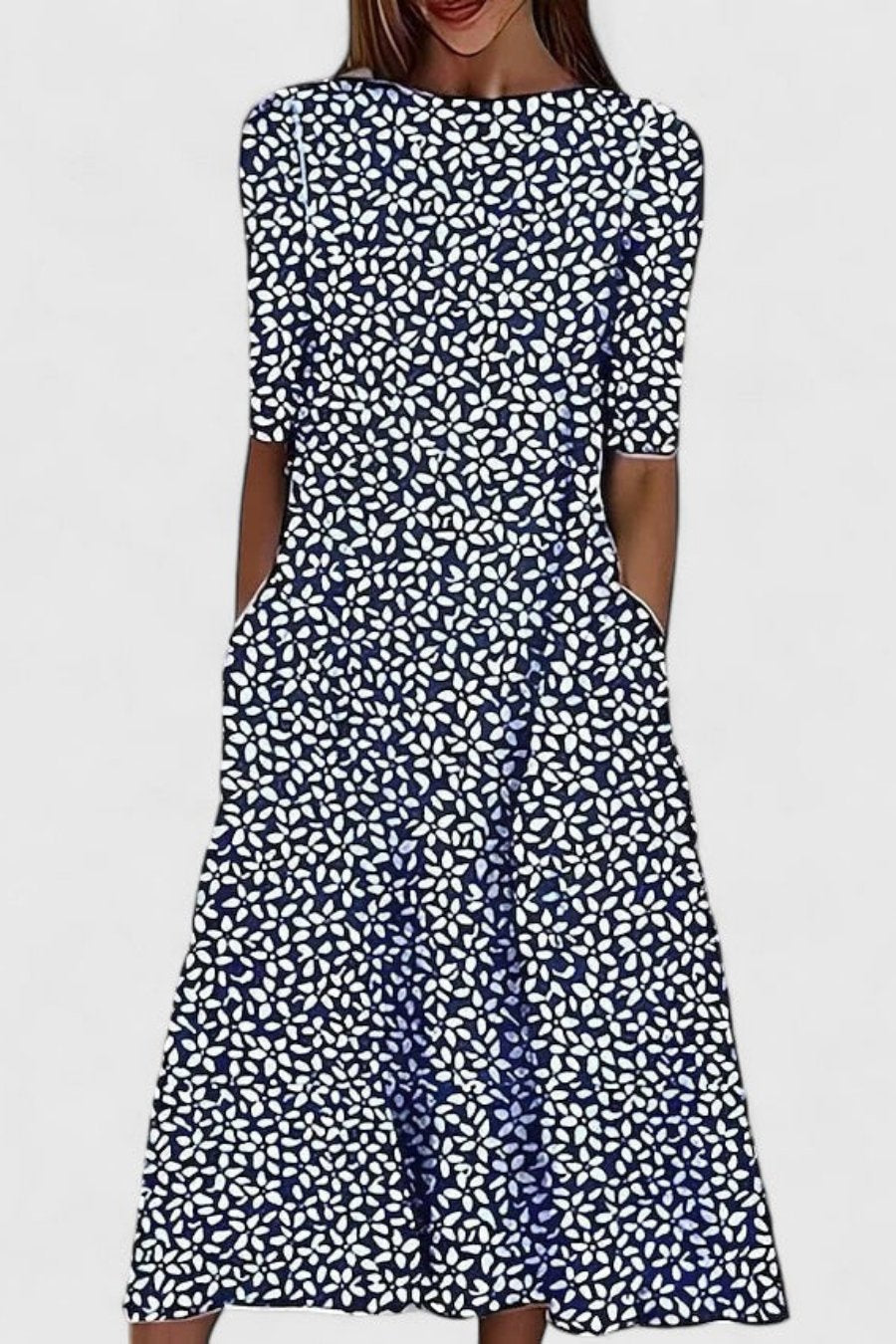 Vicki | A-Line Floral Print Midi Dress with Side Pockets