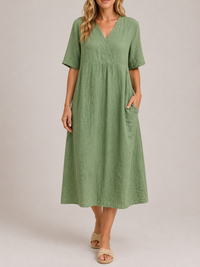 Vicki | Linen V-Neck Midi Dress With Short Sleeves